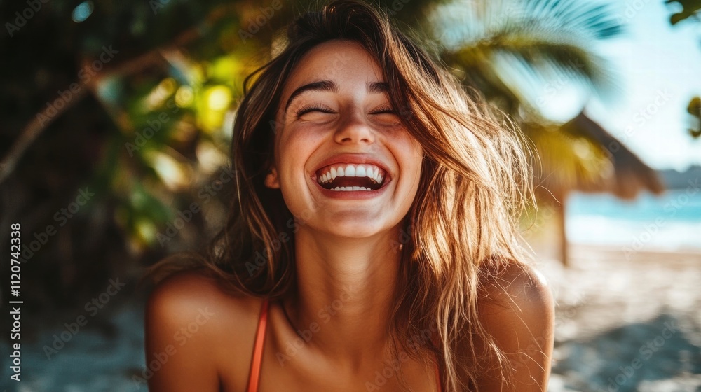 Woman Laughing on Beach, Happy Summer Vacation Woman Laughing on Beach, Happy Summer Vacation