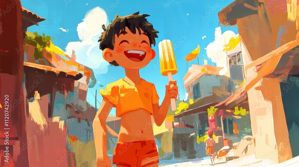 Happy Boy Summer Street Scene