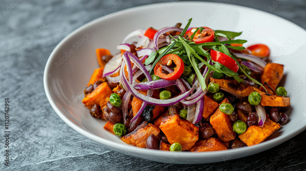 vibrant sweet potato hash with red onions, black beans, peas, and chili peppers, garnished with fresh greens, served in white bowl on textured surface