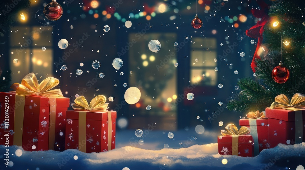 Christmas Bubbles And Gift Boxes Shopping Festive Decorations In The Night Background Christmas Bubbles And Gift Boxes Shopping Festive Decorations In The Night Background