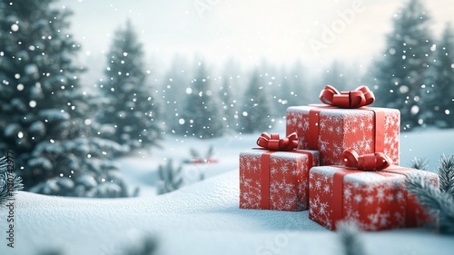 Festive 3D Rendering of Christmas Background with Red Box Gifts on Snowy Landscape, Winter Forest, and Hills, Ideal for New Year Illustration and Background Design, Celebrating Holiday Season Concept photo