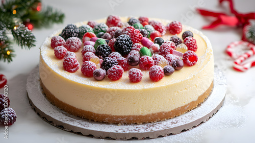 A delicious Christmas cheesecake, adorned with fresh raspberries, blackberries, and colorful candies. Perfect for holiday celebrations!