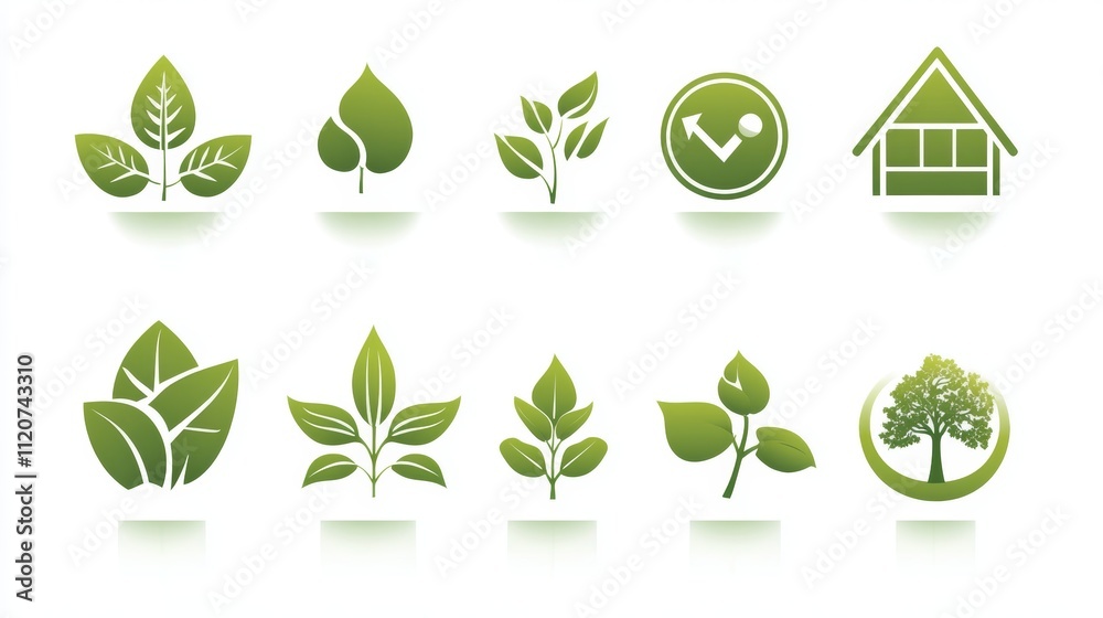Green leaf icons on a white background Green leaf icons on a white background