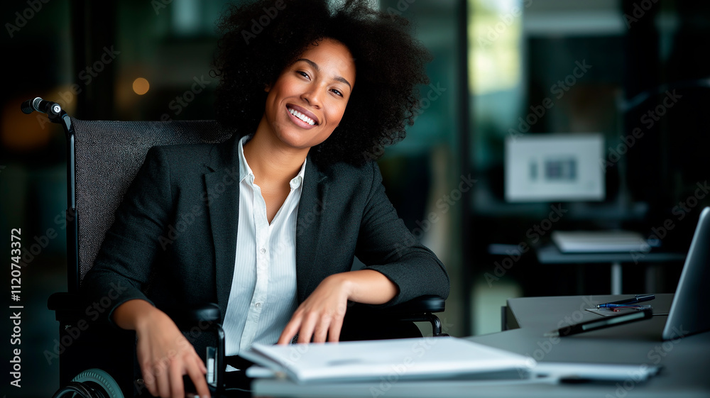 Portrait of disabled laughing confident wheelchair African American businesswoman in casual business outfit in modern office. Corporate career equal opportunities. Accessibility and inclusion concept
Portrait of disabled laughing confident wheelchair African American businesswoman in casual business outfit in modern office. Corporate career equal opportunities. Accessibility and inclusion concept