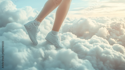 雲の上を歩く白いスニーカーの足