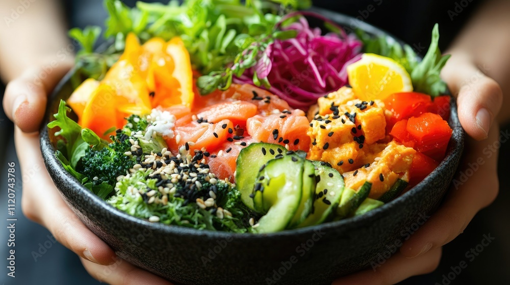 Hands holding a vibrant poke bowl with salmon, vegetables, and sesame seeds. Hands holding a vibrant poke bowl with salmon, vegetables, and sesame seeds.