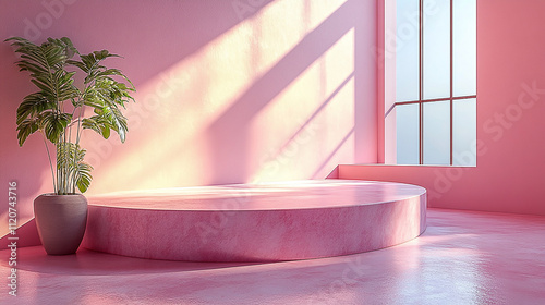 A round, pink platform sits in a pink room with a plant and sunlight streaming in through a window.