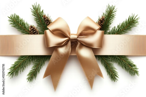 Festive holiday decoration indoor setting image of bow and pine natural elements close-up view christmas concept