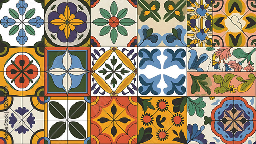A patchwork of tiles blending vintage designs in various vibrant colors, creating a lively and dynamic display.