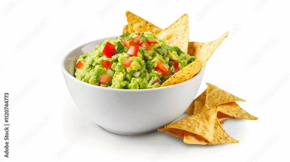 Lifelike photo of guacamole with tortilla chips in a bowl, topped with fresh vegetables
Lifelike photo of guacamole with tortilla chips in a bowl, topped with fresh vegetables