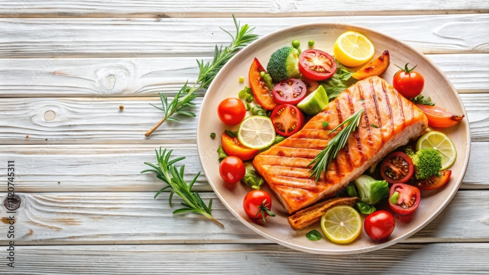 Grilled salmon and vegetables on wooden light background, perfect for a healthy dinner table setting, Grilled, salmon, vegetables Grilled salmon and vegetables on wooden light background, perfect for a healthy dinner table setting, Grilled, salmon, vegetables