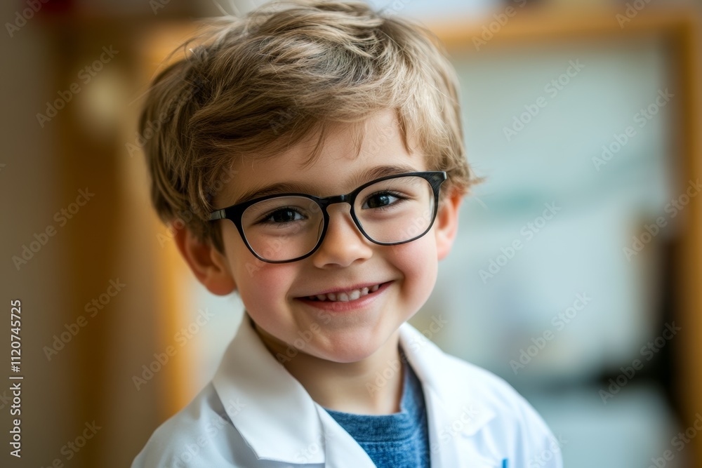 Smiling young boy in lab coat with glasses stands indoors, showing enthusiasm for science in a bright environment Smiling young boy in lab coat with glasses stands indoors, showing enthusiasm for science in a bright environment