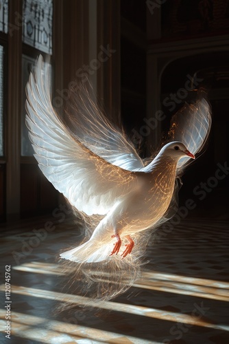 Divine presence, holy spirit symbolized by a white dove surrounded by halo of radiant light, flaming rays, representing gifts of holy spirit during sacrament of confirmation or pentecost.