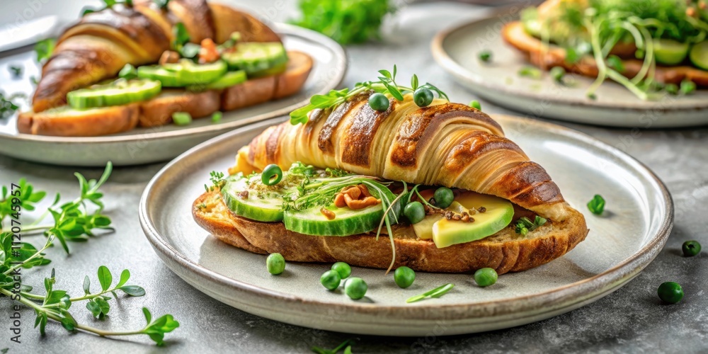 Delicious croissant and microgreens avocado toast breakfast served on plates, croissant, microgreens, avocado toast, breakfast Delicious croissant and microgreens avocado toast breakfast served on plates, croissant, microgreens, avocado toast, breakfast
