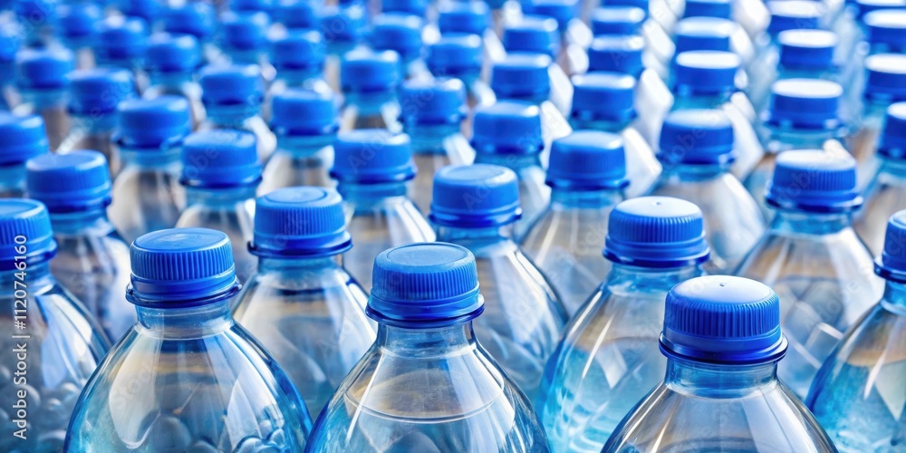 Close-up of plastic water bottles with blue caps, plastic, water bottles, blue caps, close-up, disposable Close-up of plastic water bottles with blue caps, plastic, water bottles, blue caps, close-up, disposable