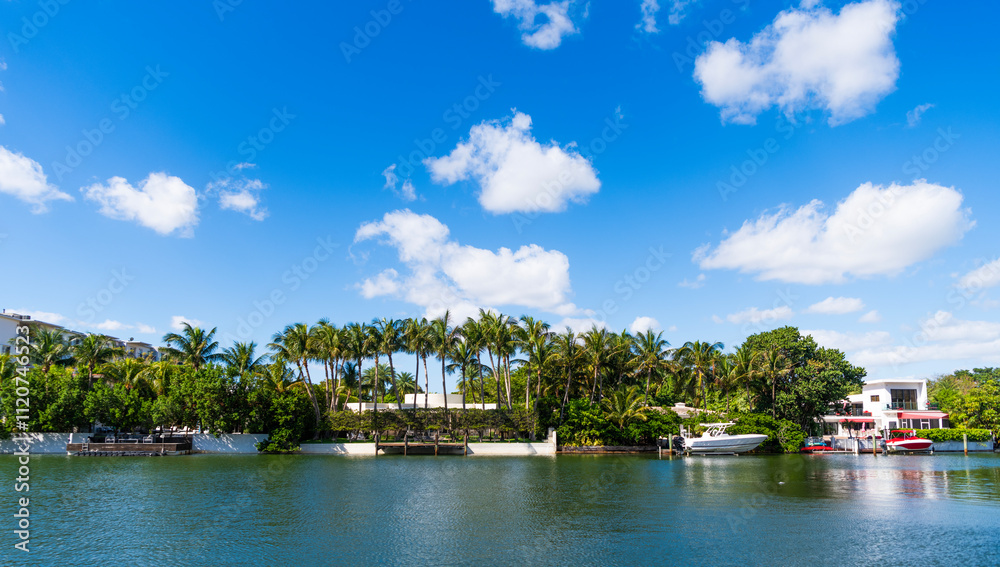 Fototapeta premium Residential apartment in waterfront city. City waterfront with house. Vacation building in summer. Luxury waterfront house. Hotel building architecture. Resort hotel. Modern building