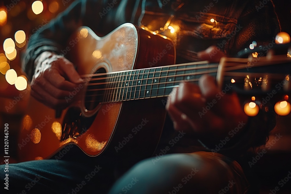 Fototapeta premium Acoustic Guitar Close-Up Hand Playing with Studio Microphone and Colored Lanterns Background