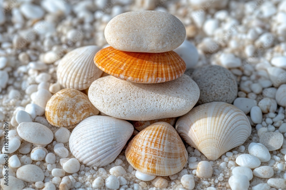 Stacked seashells and pebbles on sandy beach nature photography coastal environment close-up view serenity concept Stacked seashells and pebbles on sandy beach nature photography coastal environment close-up view serenity concept