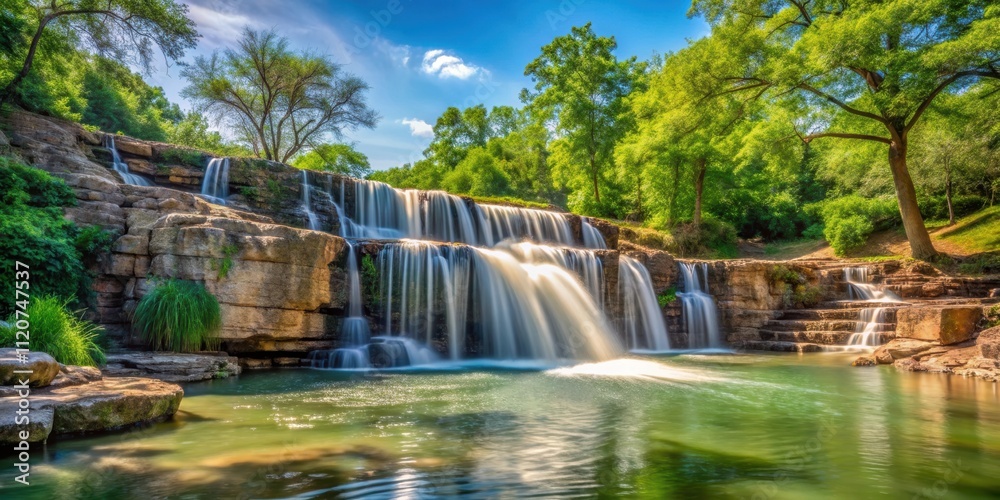 Obraz premium Tranquil landscape of waterfall in McKinney Roughs Nature Park on a sunny day, Waterfall, Landscape, Nature, McKinney Roughs