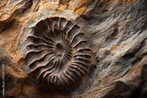 A close-up of a fossilized ammonite embedded in rock, showcasing its intricate spiral structure.