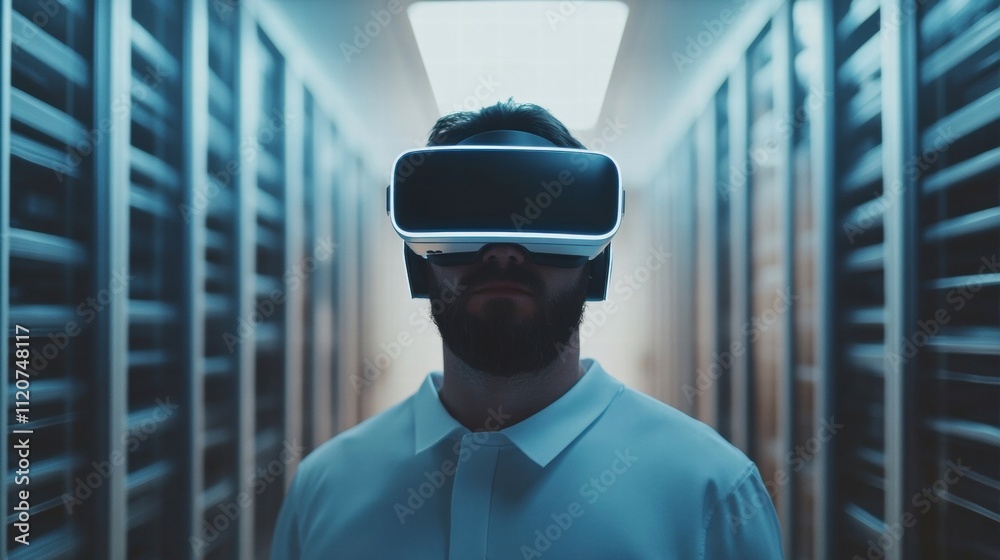 Man in VR Headset in Server Room
