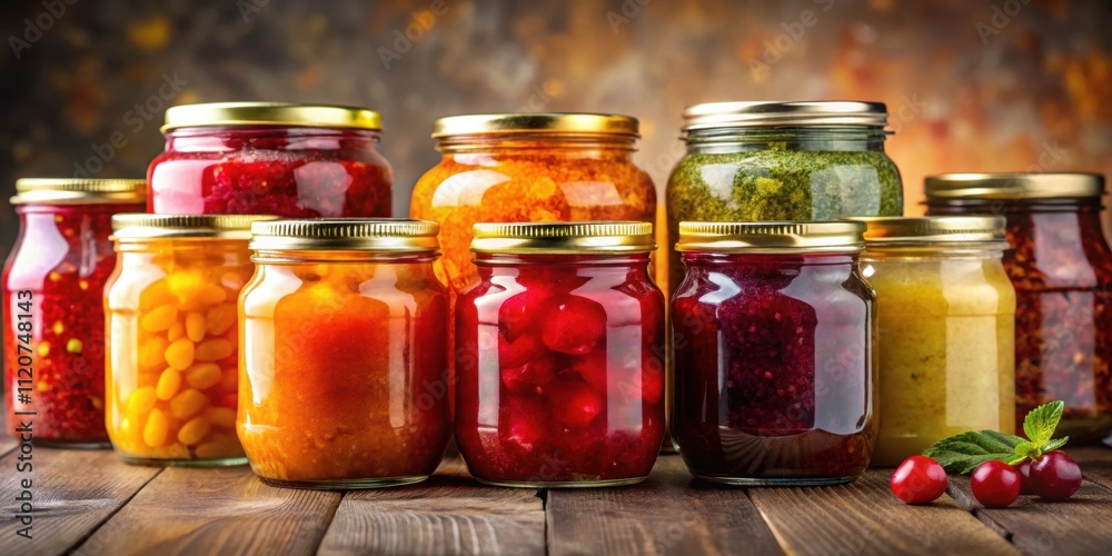 Glass jars with golden lids filled with homemade preserves creating a colorful and vibrant display , fruit Glass jars with golden lids filled with homemade preserves creating a colorful and vibrant display , fruit
