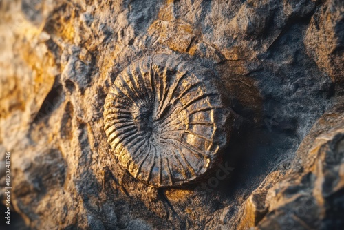 A close-up of a fossilized ammonite embedded in rock, showcasing natural history. photo