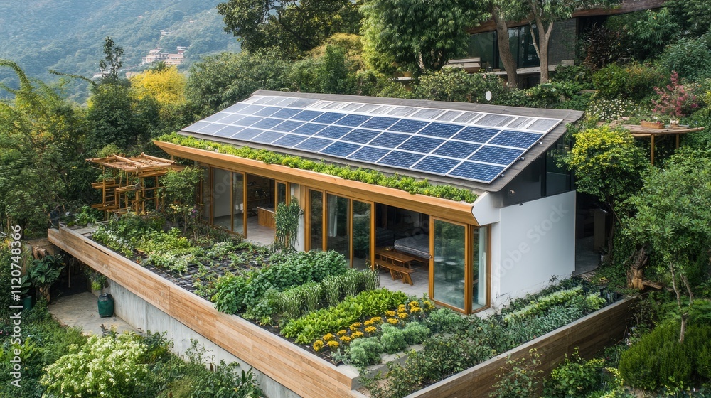 Eco-friendly house with solar panels, green roof, and garden. Eco-friendly house with solar panels, green roof, and garden.