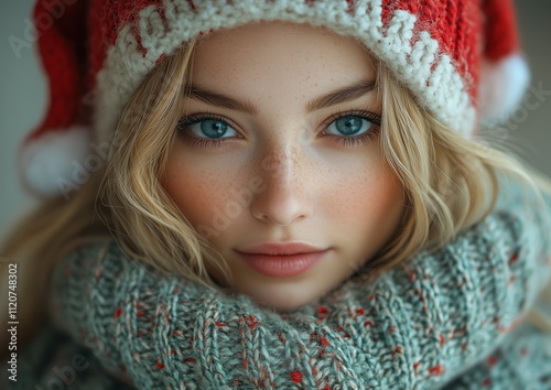 Christmas Woman Girl Elf Santa Hat Sweater Snow Smiling Pretty Beautiful Winter Ornament Tree Festive Holiday Greeting Card Background Wallpaper Image Photo Illustration