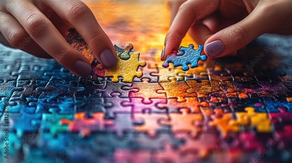 Close-up of hands connecting colorful jigsaw puzzle pieces. Close-up of hands connecting colorful jigsaw puzzle pieces.