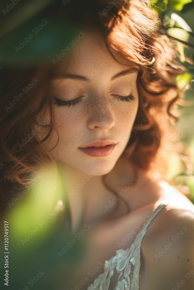 Naklejka premium Portrait of a young woman with curly red hair in a sunlit garden during the golden hour