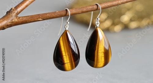 Tigers eye teardrop earrings reflecting golden and brown chatoyance photo