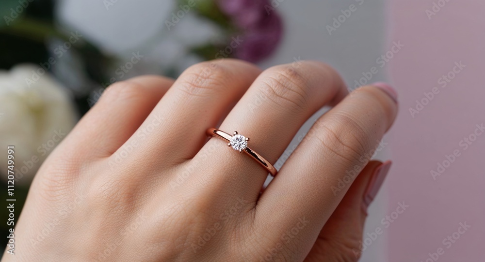 A delicate rose gold ring with a single diamond sparkling on her slender finger A delicate rose gold ring with a single diamond sparkling on her slender finger