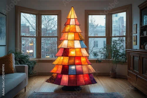 Vibrant Patchwork Fabric Christmas Tree for Holiday Decoration in Scandinavian Folk Art Style photo