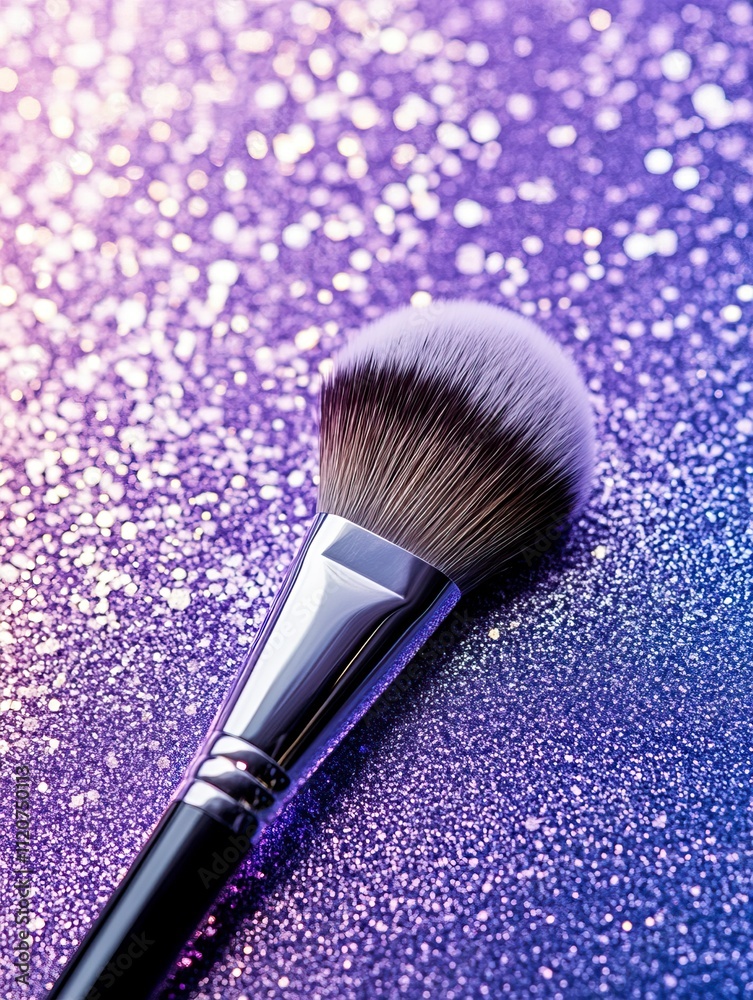 one makeup brush and shiny glitter on a luxurious purple background. Festive magical makeup concept. Template for design. one makeup brush and shiny glitter on a luxurious purple background. Festive magical makeup concept. Template for design.