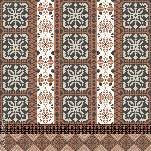 Art Abstract with Pixel Art Designs. Traditional Cross Stitch needlework. Geometric Ethnic Pattern, Embroidery, Textile Ornamental, Fabric, Hand Stitch Pattern, Cultural Stitching Pixel Art