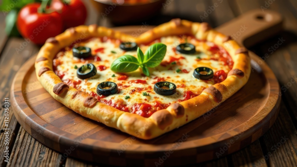Heart-shaped pizza with melted cheese, tomato sauce, black olives, and fresh basil leaves on a wooden serving board. Close-up view on a rustic wooden table. Valentine's Day food concept Heart-shaped pizza with melted cheese, tomato sauce, black olives, and fresh basil leaves on a wooden serving board. Close-up view on a rustic wooden table. Valentine's Day food concept