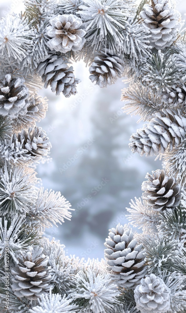 Winter greeting: Happy 2025 New Year featuring snowy Christmas wreath decorated with frosty pine cones, seasonal elements, cozy atmosphere and joy of the holiday season. Winter greeting: Happy 2025 New Year featuring snowy Christmas wreath decorated with frosty pine cones, seasonal elements, cozy atmosphere and joy of the holiday season.