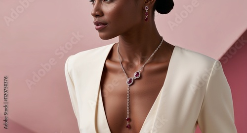 A lariat necklace with a dangling ruby pendant accentuating her graceful movements