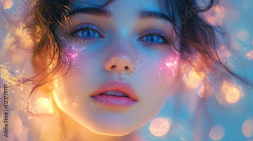 Dreamy portrait of a young woman with glowing skin after polynucleotides treatment in soft blue and pink lights photo