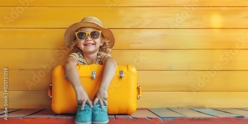 Joyful Child Ready for Summer Vacation in Yellow Suitcase