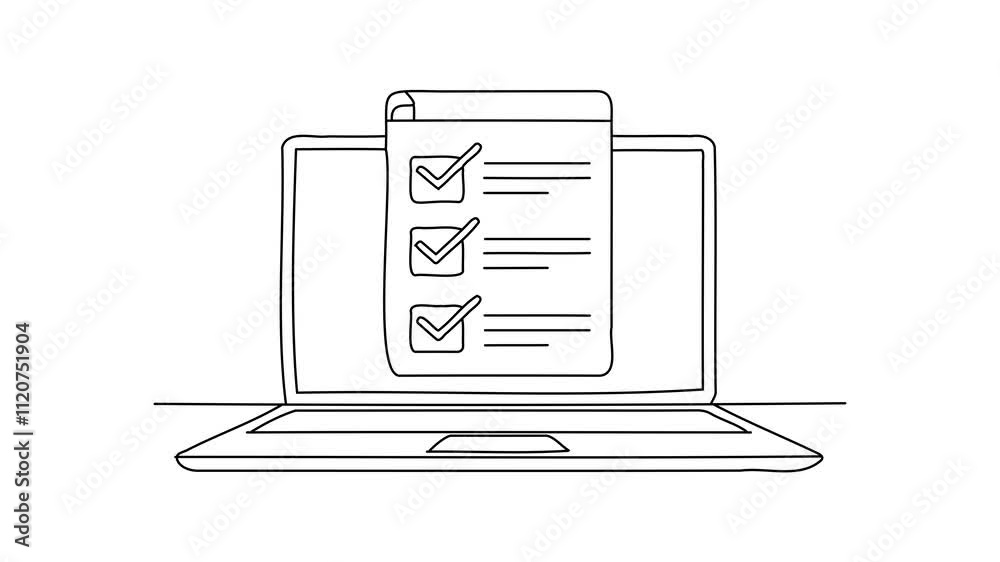 laptop displaying a checkbox alongside a sheet of paper Continuous line ...