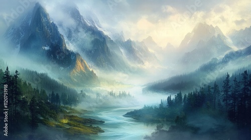 Misty Mountain River Landscape