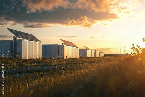 Peak energy requires efficient storage. Solar energy facility at sunset