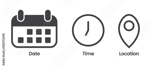 Date Time and address icon set. Calendar  clock  location. Linear vector outline illustration. Vector illustration.