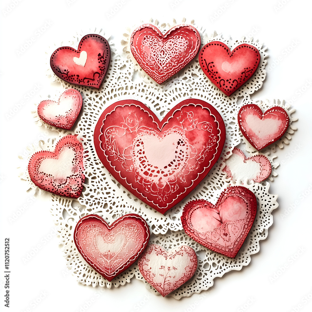 Valentine's Day doily clipart, featuring multiple red and white hearts in different sizes with lacy edges, a visible paper texture, and hand-painted details like lace decorations on the heart shapes. Valentine's Day doily clipart, featuring multiple red and white hearts in different sizes with lacy edges, a visible paper texture, and hand-painted details like lace decorations on the heart shapes.