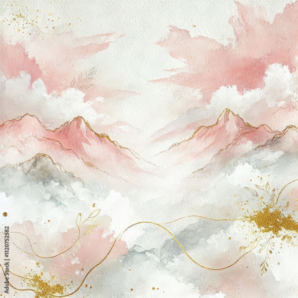 Fototapeta premium a dreamy background featuring soft pink and white watercolor textures. Incorporate delicate, mountain lines and gentle splashes of gold to evoke a sense of elegance and tranquility. ai