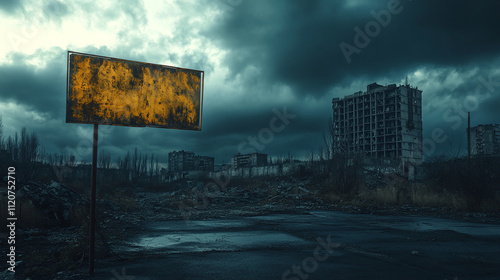 Fototapeta Naklejka Na Ścianę i Meble -  Desolate apocalypse end of the world sign, haunting copy space war disaster, eerie abandoned city ruin catastrophe, destroyed wasteland desolation, dark demolished broken.