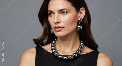 Hematite earrings reflecting a metallic sheen against her silver necklace