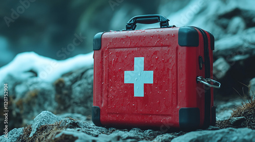 Essential first aid kit medical, vital emergency box cross supplies, urgent red pack medicine care, survival healthcare safety, rescue essential treatment.